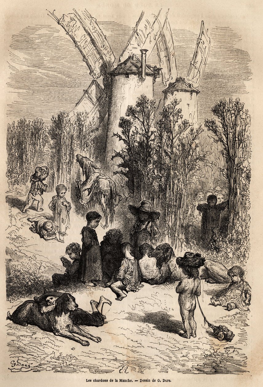 Los cardos del Canal, al pie de los molinos queridos por Don Quijote, con la representación de un galgo, una raza de perro muy frecuente en la región (la figura del galgo corredor siempre hambriento en Don Quijote) y una multitud de niños mendigos, verdade de Gustave Dore