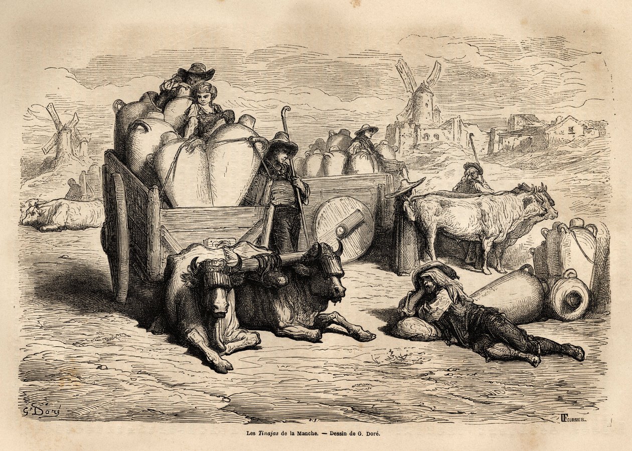 Las tinajas del Canal, el uso de estas enormes jarras de barro reemplaza el uso de barriles y su uso es muy antiguo. Grabado para ilustrar el viaje a España por Gustave Doré (1832-1883) ilustrador y el Barón Ch. Davillier redactor, en 1862, publicado en “L de Gustave Dore