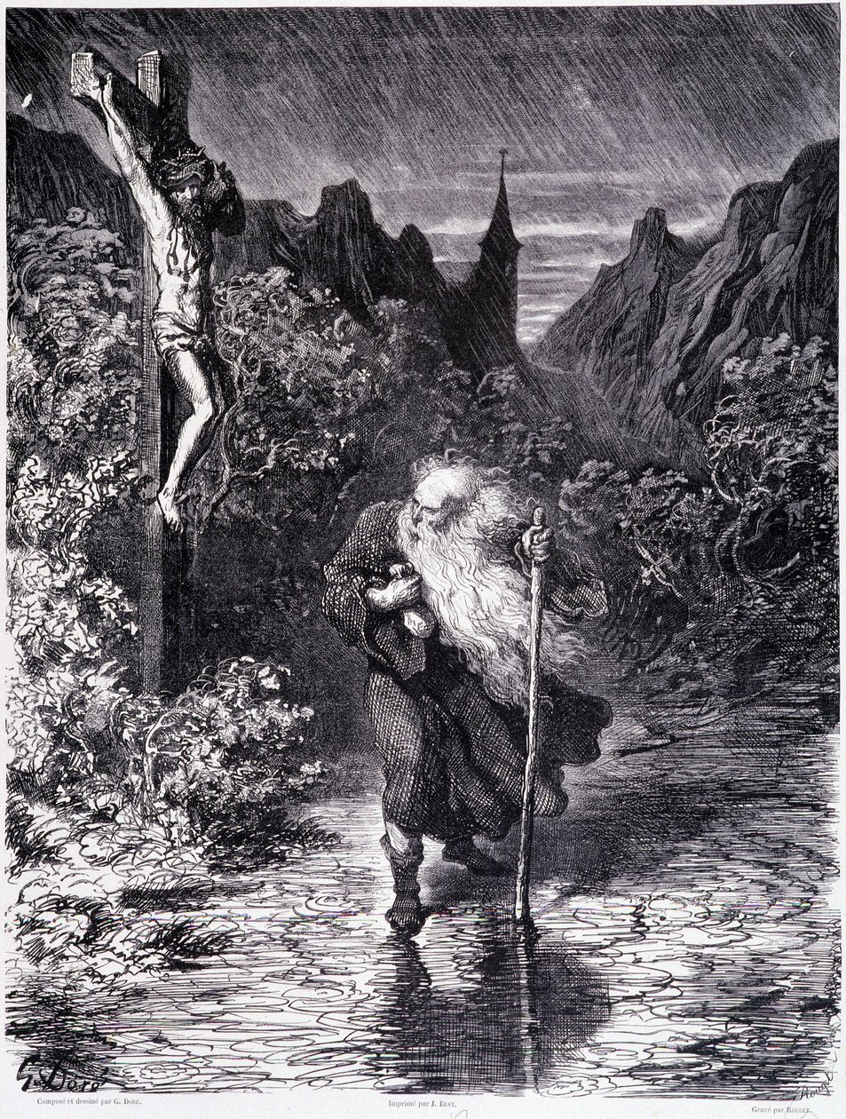 El judío errante pasando cerca de un Calvario - en "La leyenda del judío errante" de Gustave Doré, Librería de la Tienda Pintoresca de Gustave Dore