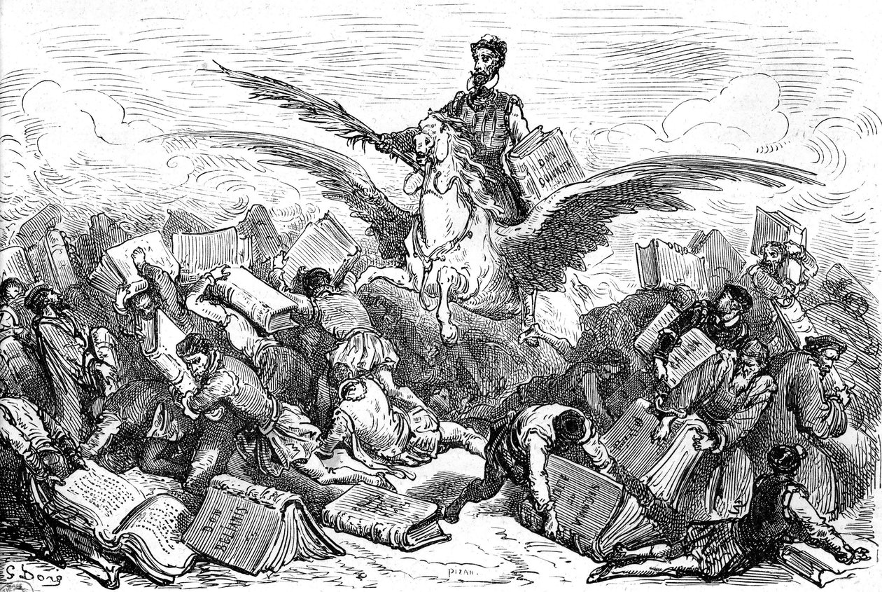 El escritor Cervantes cabalga sobre un caballo de alas (Pegase), su libro "Don Quijote" y una pluma en la mano, sobrevolando a otros escritores que llevan (¡pesadamente!) sus libros. Grabado de Gustave Dore que ilustra la edición Hachette de 1869 del libro de Gustave Dore