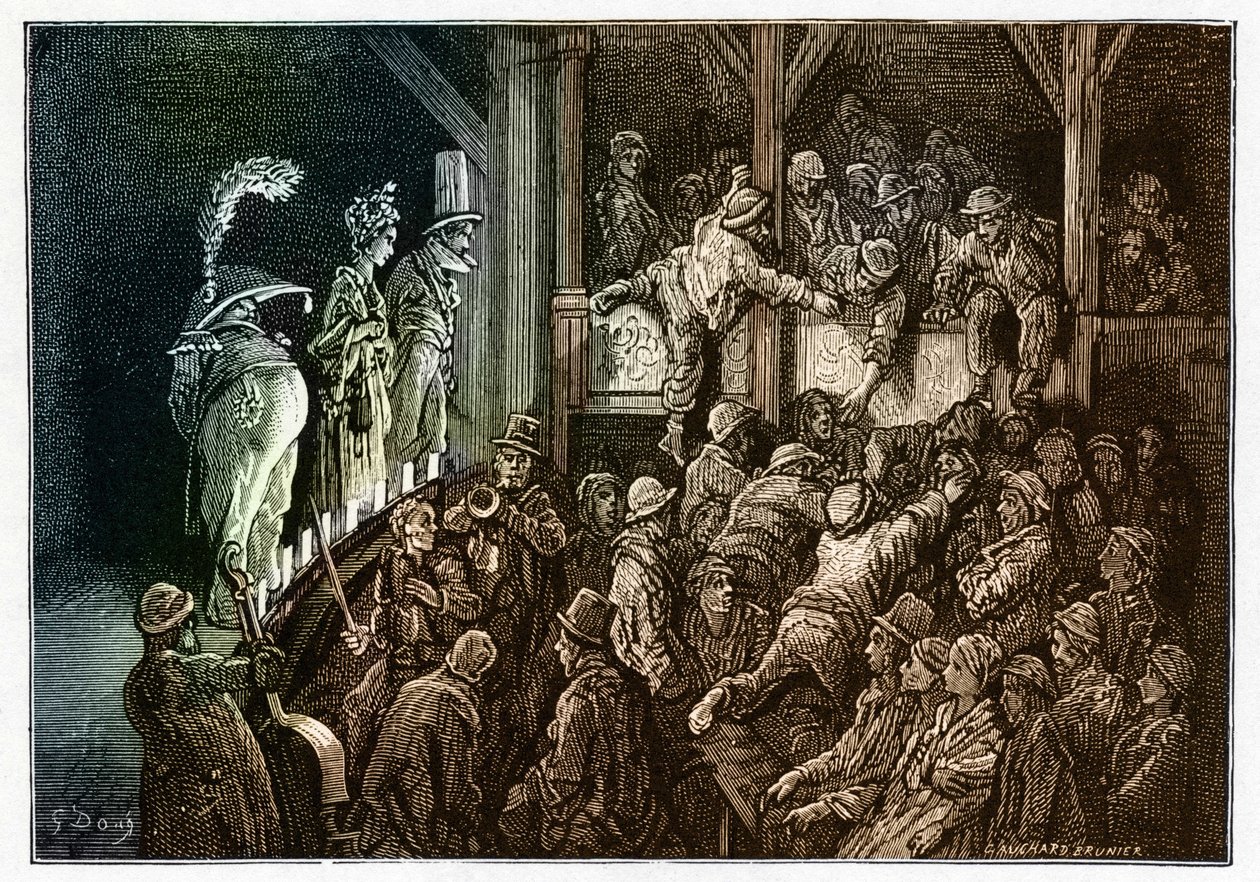 Teatro: el público durante una representación teatral. Colorido grabado de "" Londres, una peregrinación "" ilustrado por Gustave Dore (1832-1883). de Gustave Dore
