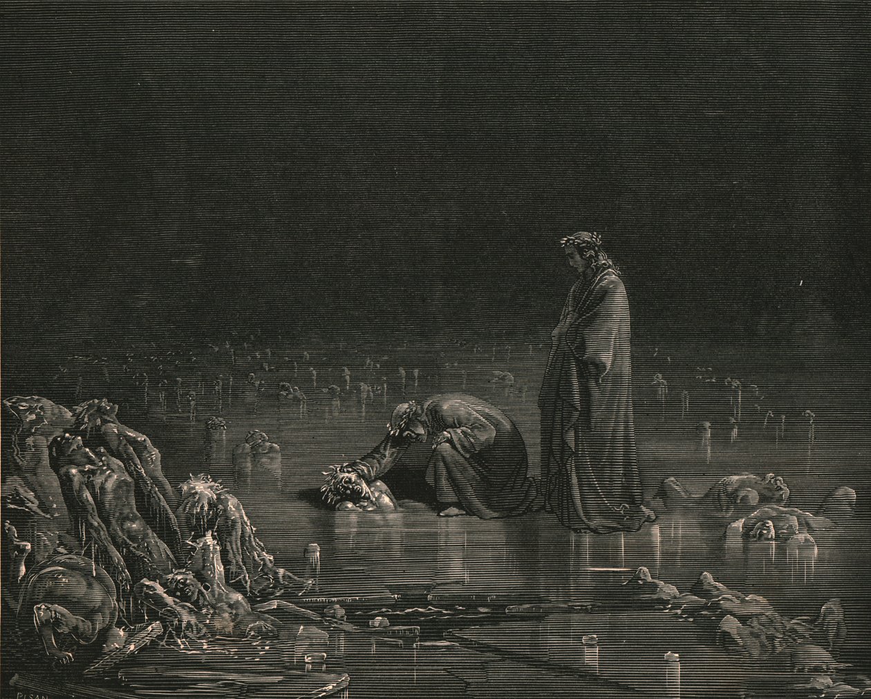 Entonces, agarrando su cuero cabelludo trasero, grité: Nómbrate, o no quedará un pelo aquí, c. 1890 de Gustave Dore