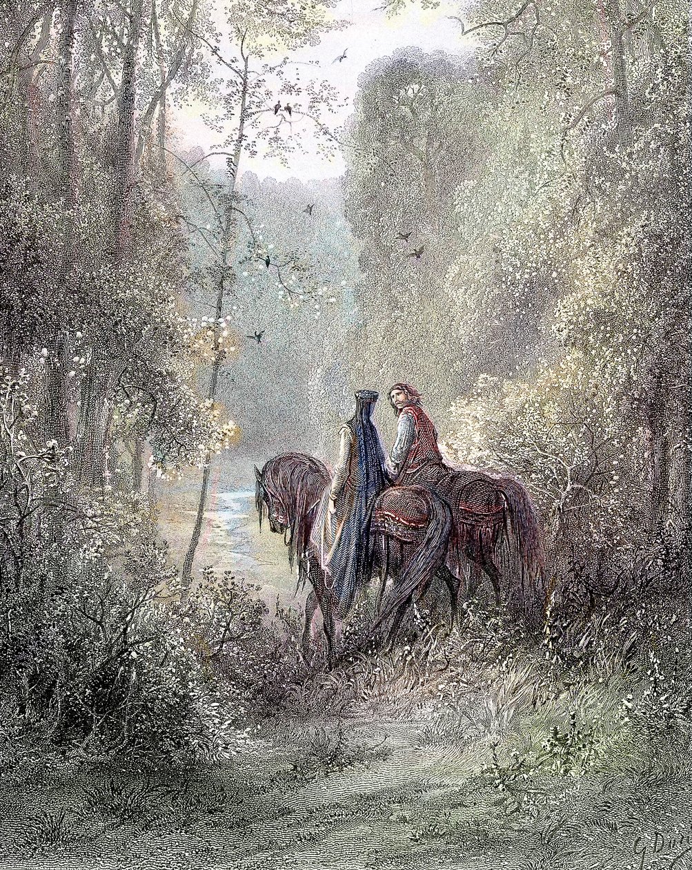 Se perdieron bajo arboledas que parecían un paraíso de flores (Ginebra y Lancelot) - en Guenièvre por Alfred Tennyson, ilustrado por Gustave Doré París, Librairie Hachette et Cie de Gustave Dore