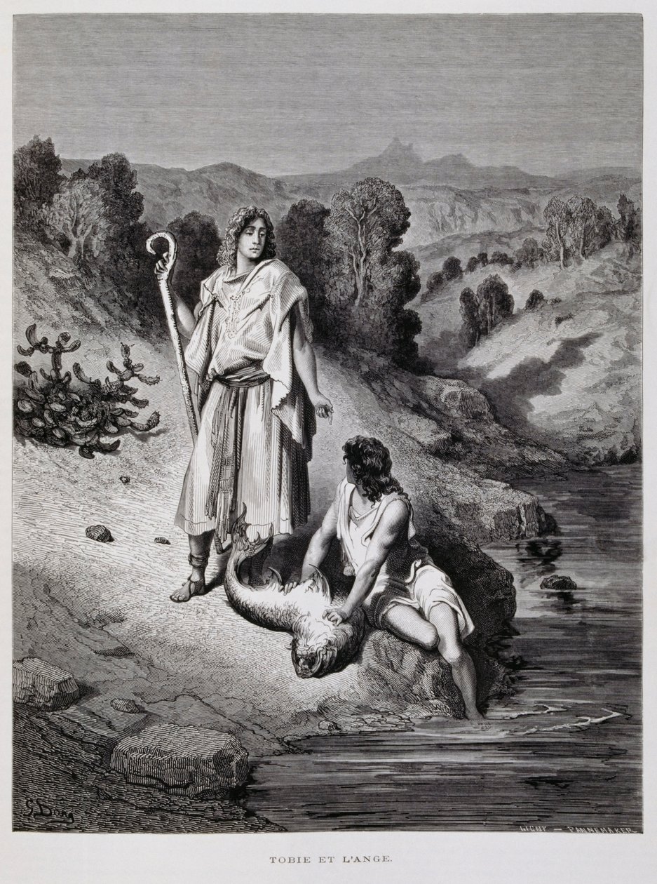 Tobías y el ángel, ilustración de la Biblia de Dore de Gustave Dore