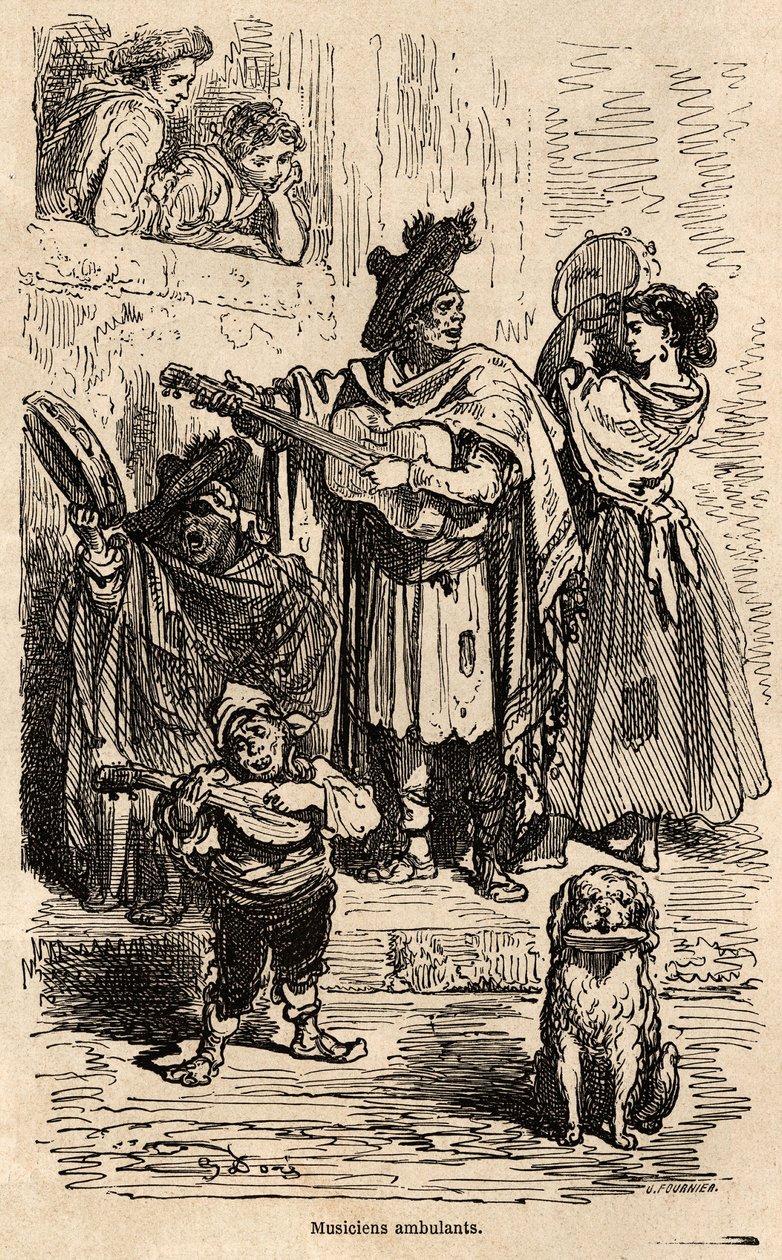 Músicos ambulantes en Valencia, dibujo de Gustave Doré (1832-1883), para ilustrar su viaje a España con C. Davillier, en 1862. Grabado en "Le tour du monde", editado por Edouard Charton de Gustave Dore
