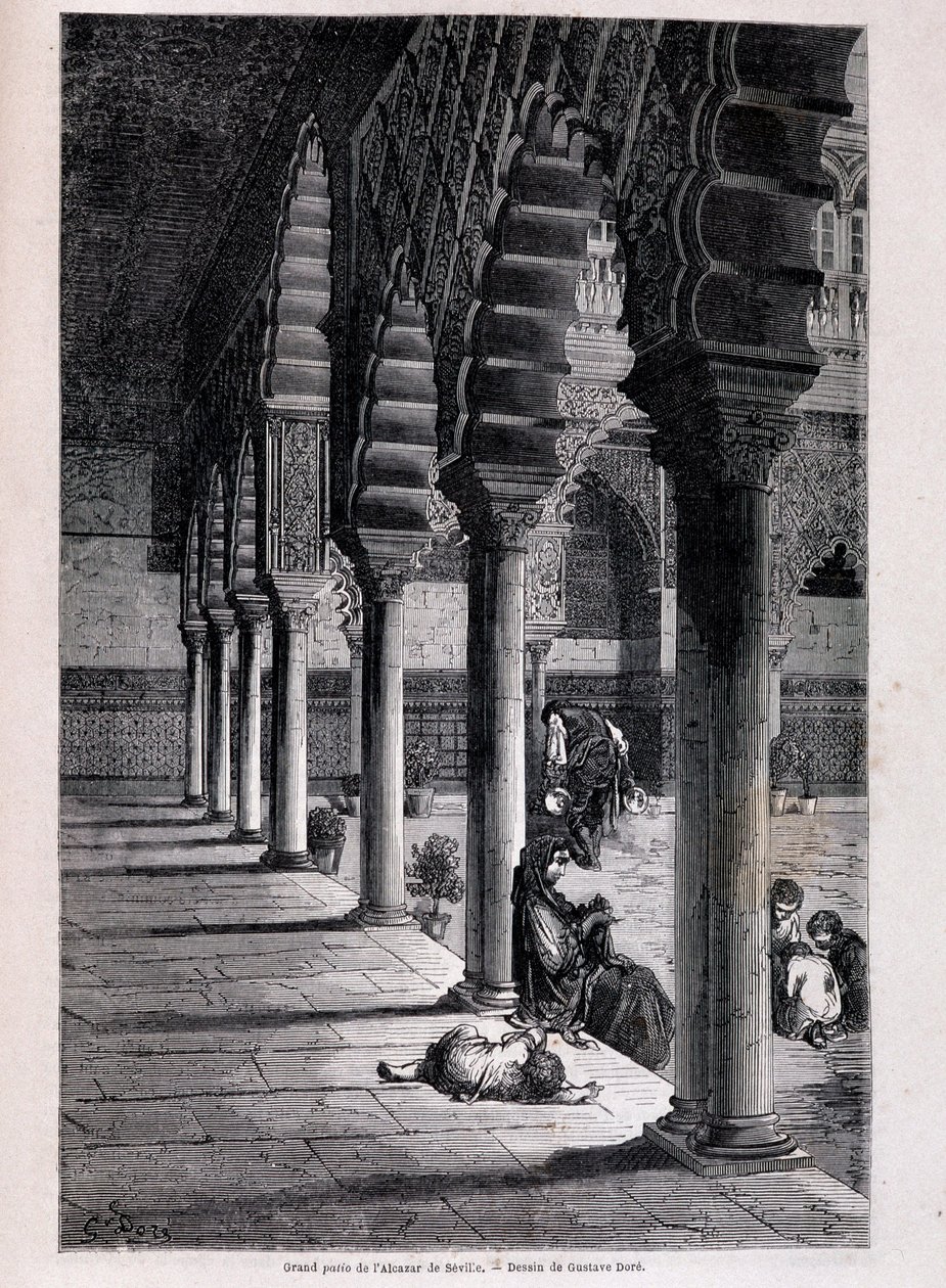 Vista del gran patio del Alcázar en Sevilla - por Doré, en "Tour du Monde", 2º semestre de 1866 de Gustave Dore