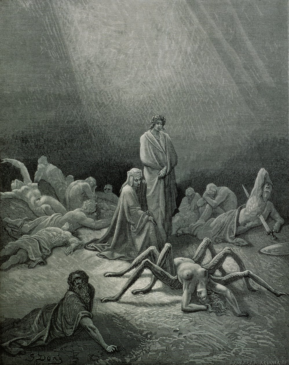Virgilio (70-19 a.C.) y Dante mirando a la mujer araña, ilustración de 
