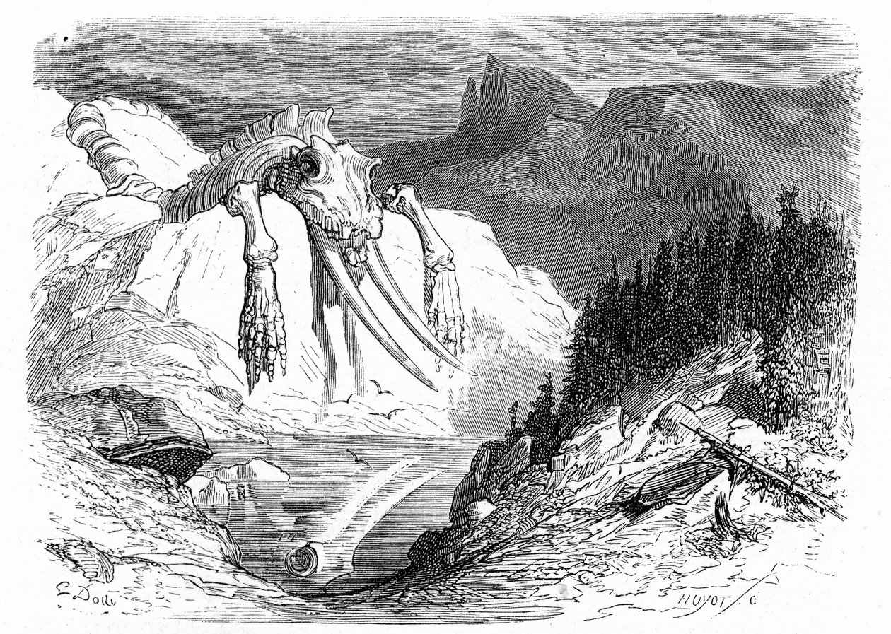 Grabado de Gustave Dore hacia 1850: evocación de un diluvio apocalíptico tras el cual varios animales monstruosos han caído sobre la montaña. Ilustración del libro de Hippolyte Taine "Viaje a los Pirineos", en el que la presencia de huesos fósiles de Gustave Dore