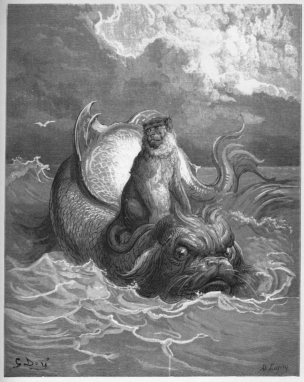 Los monos y el delfín - de "Fábulas" de Jean de La Fontaine de Gustave Dore