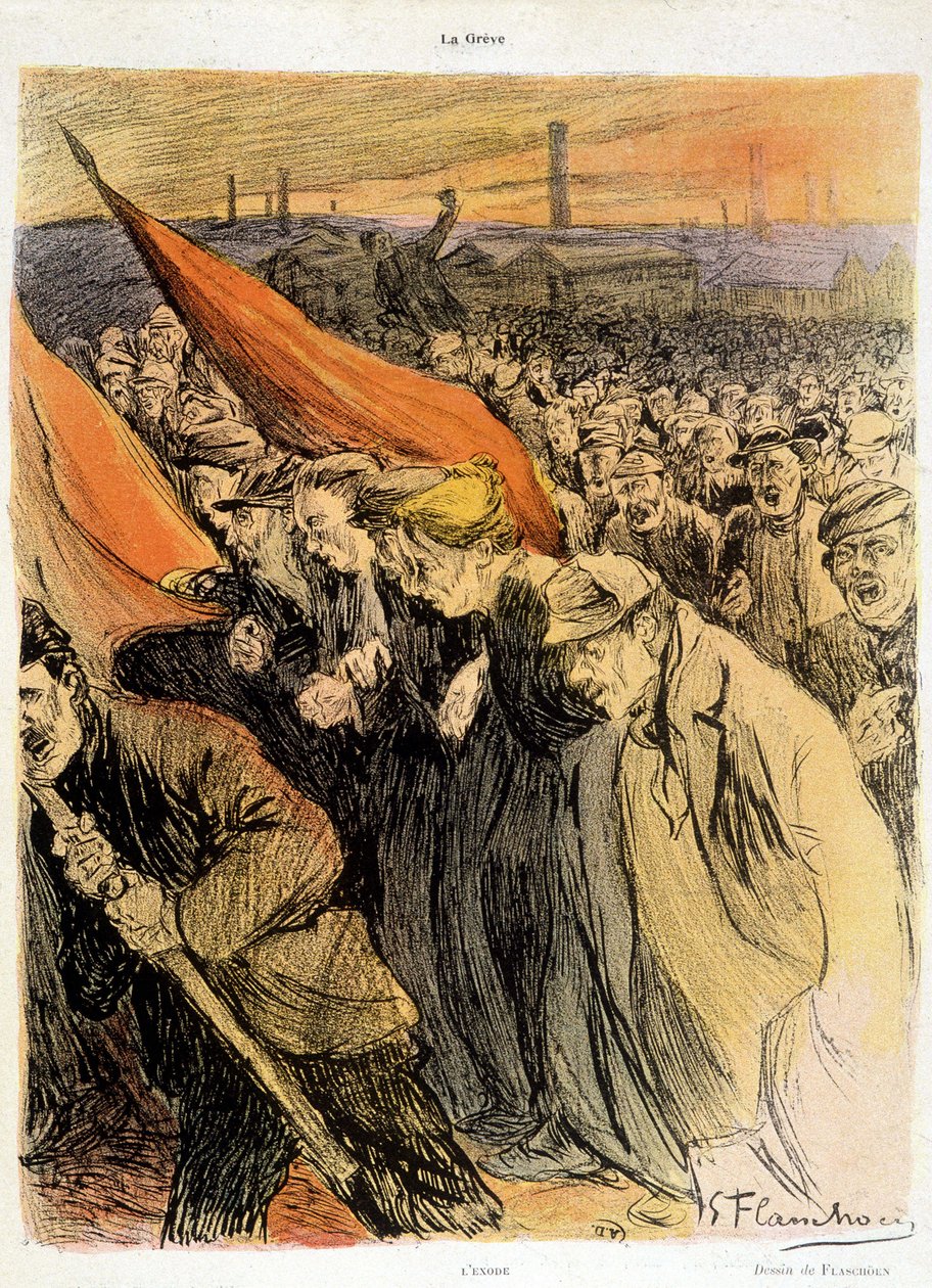 Muchedumbre curvada con banderas rojas, "La Grève" de Flaschoën, deb. 20º s. de Gustave Flasschoen