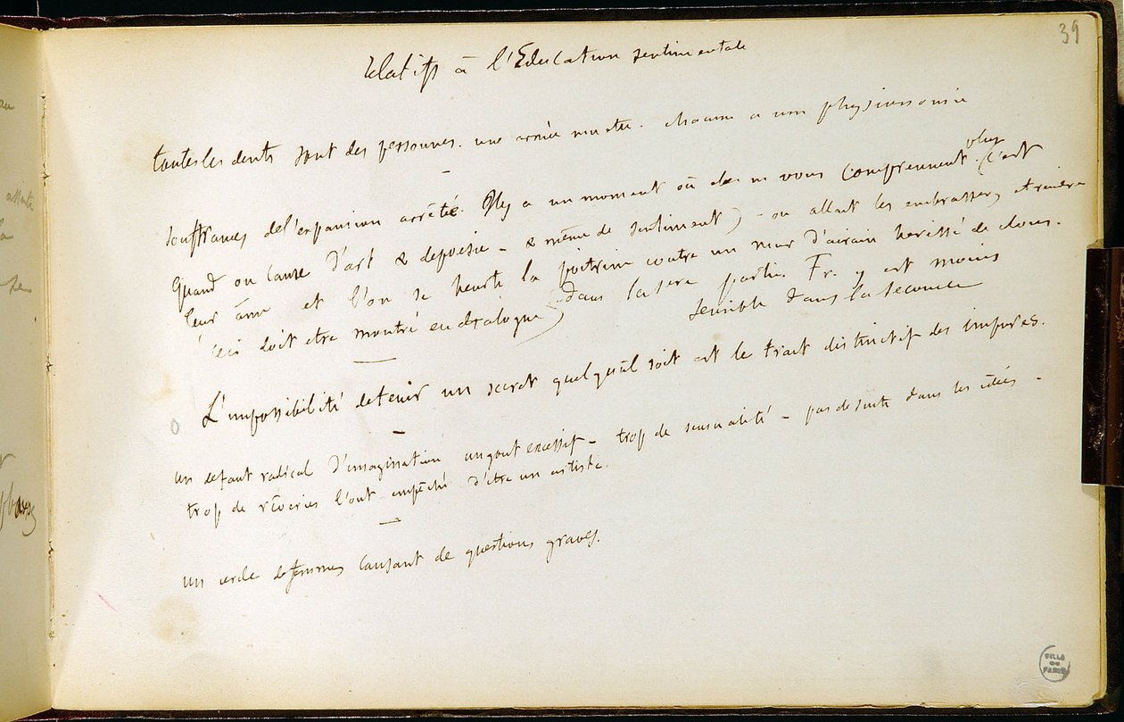 Folio 39 del cuaderno n. 19 Página manuscrita de los borradores de Gustave Flaubert. Planes para la educación sentimental. BHVP. de Gustave Flaubert