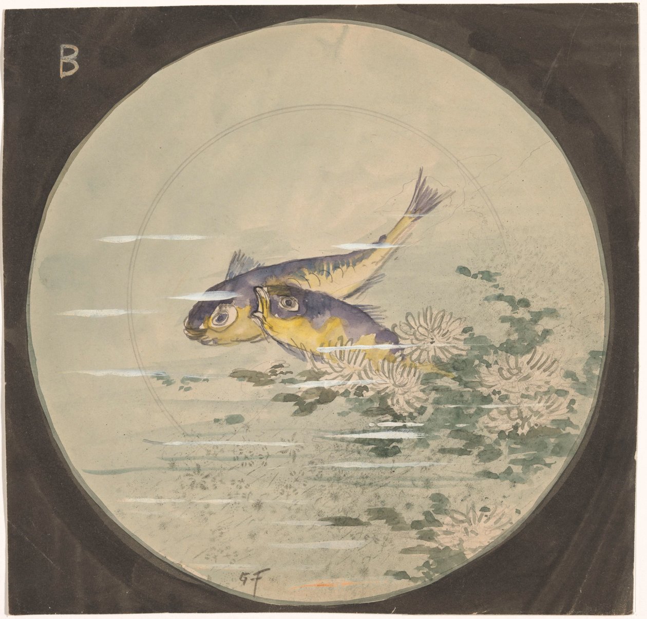 Diseño para un cartel con dos peces azules y amarillos cerca de nenúfares de Gustave Fraipont (signed by artist)