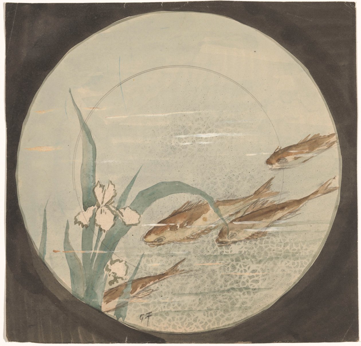 Diseño para un cartel que muestra cuatro peces marrones que nadan hacia abajo cerca de un lirio blanco de Gustave Fraipont (signed by artist)