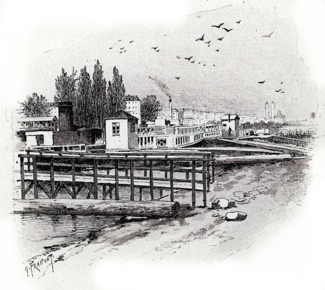 Atelier de repparation des bateau omnibus (Bateau-bus) à Paris (Talleres de reparación de autobuses acuáticos (barcos de cercanías) en el río Sena en París) Dibujo de Gustave Fraipont (1849-1923) extraído de "La seine a travers Paris" de Saint-Juirs. de Gustave Fraipont