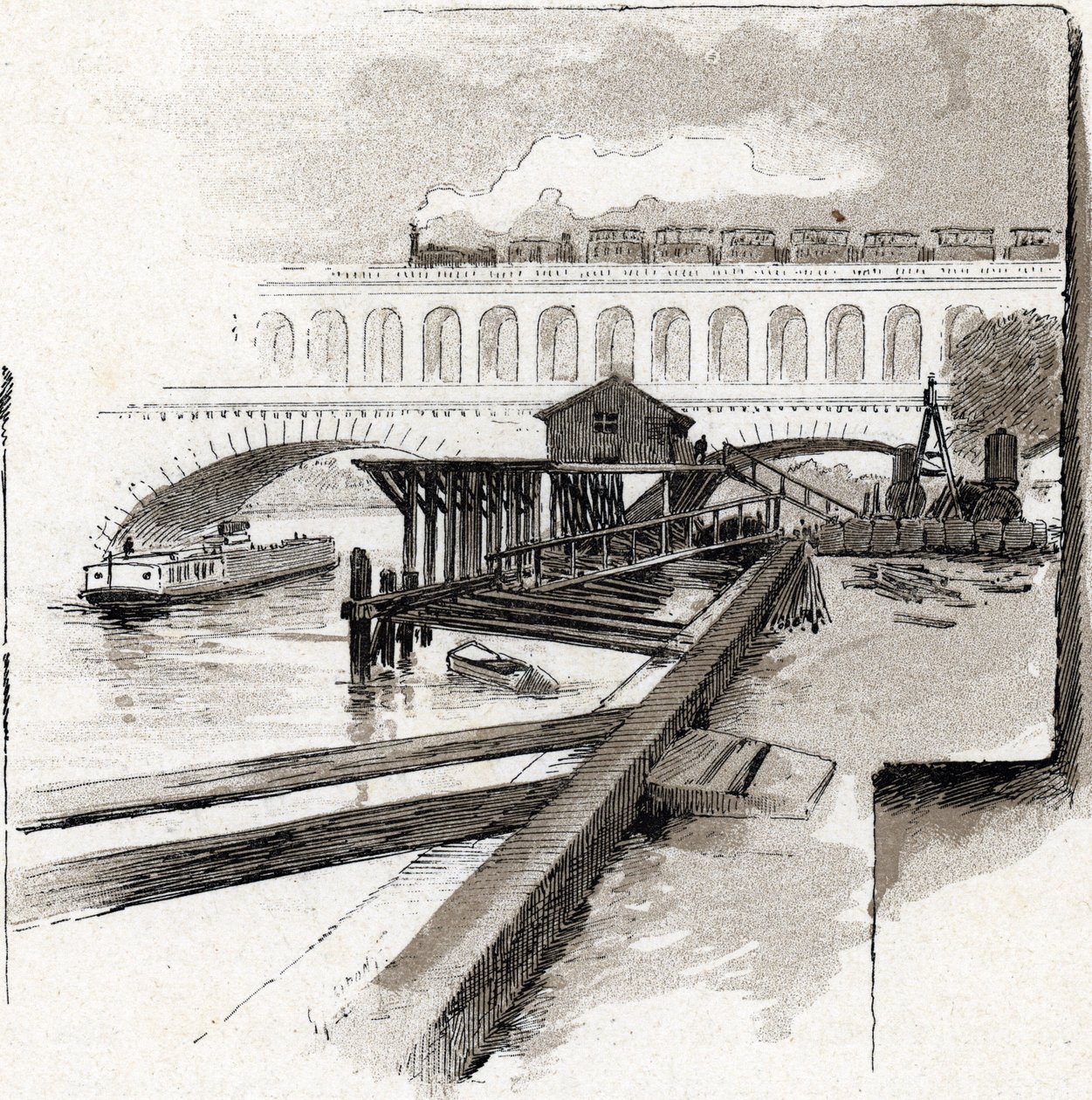 Le viaduct du point du Jour, Boulogne-Billancourt (Vista del puente viaducto del barrio de Point du jour, Boulogne Billancourt) Dibujo de Gustave Fraipont (1849-1923) de Saint-Juirs de Gustave Fraipont