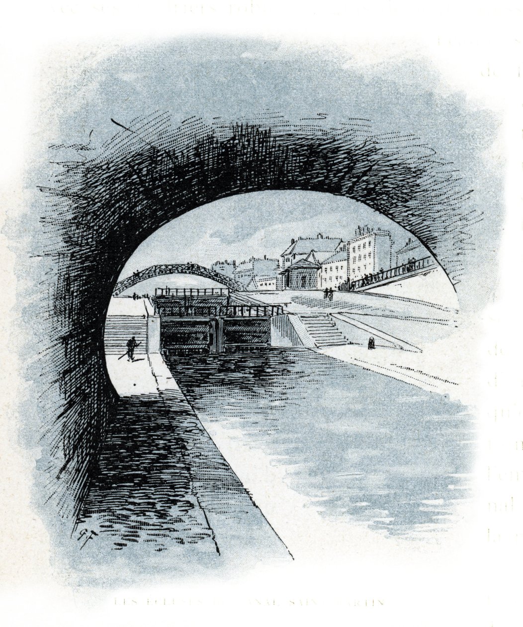 Les ecluses du canal saint Martin, paris (Vista de las esclusas del canal Saint-Martin, París) Dibujo de Gustave Fraipont (1849-1923) extraído de "La seine a travers Paris" de Saint-Juirs de Gustave Fraipont