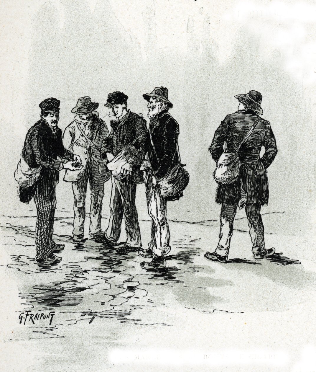Les marchands de bout de cigare dans quartier Maubert, Paris (Comerciantes callejeros de puntas de cigarros y cigarrillos, barrio de Maubert, París) Dibujo de Gustave Fraipont (1849-1923) extraído de "La seine a travers Paris" de Saint-Juirs de Gustave Fraipont