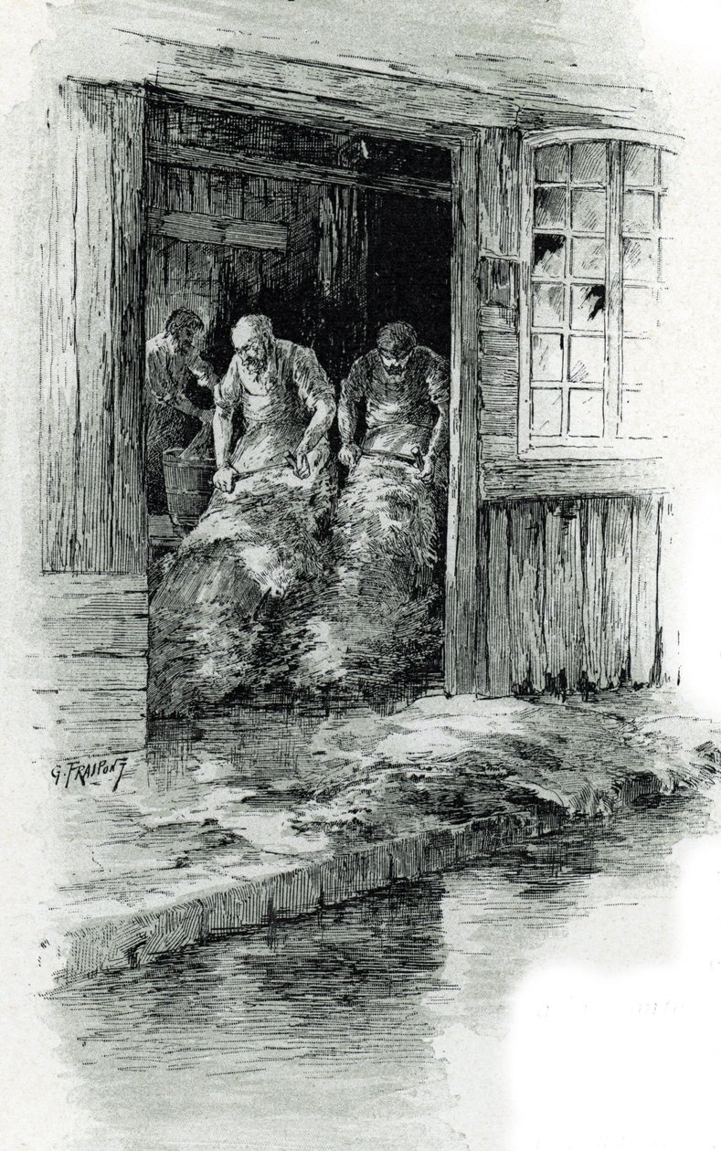 Megissiers de la rue des gobelins en París (Curtidores trabajando cueros y pieles de animales en la rue des Gobelins, París) Dibujo de Gustave Frainpont (1849-1923) extraído de "La seine a travers Paris" de Saint-Juirs. de Gustave Fraipont