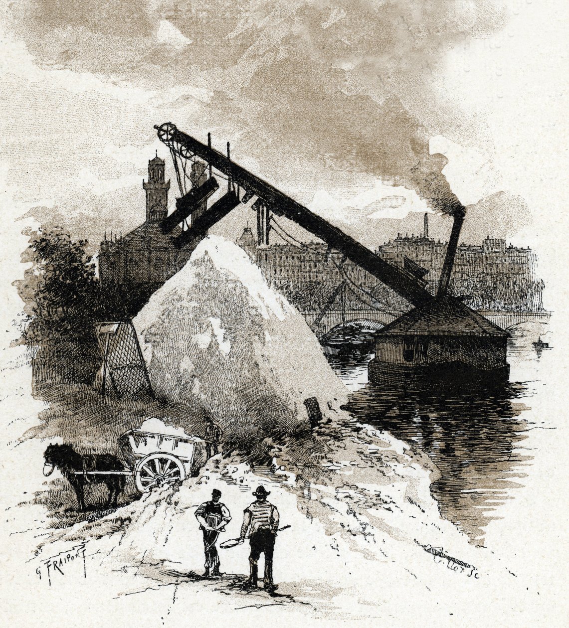 Niveladoras de arena en la orilla del Sena cerca del puente del Alma, París Dibujo de Gustave Fraipont (1849-1923) extraído de "La seine a travers Paris" de Saint-Juirs de Gustave Fraipont