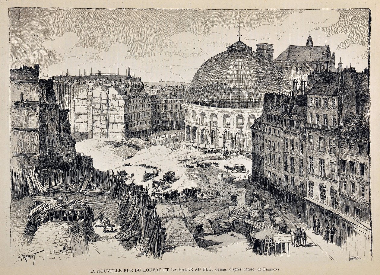 La nueva Rue du Louvre y la Halle au Blé en París en 1887. Ilustración de Gustave Fraipont (1849 - 1923). Grabado de 1887 en “Paris-Illustrous journal weekly”. de Gustave Fraipont
