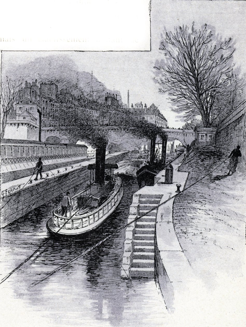 Remolcadores de la esclusa del Sena frente al Hotel des Monnaie, París Dibujo de Gustave Fraipont (1849-1923) de Saint-Juirs de Gustave Fraipont