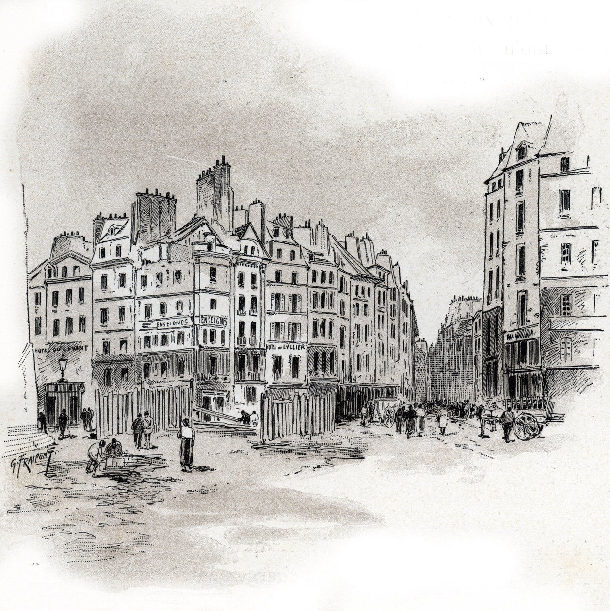 Vista de la plaza Maubert, París Dibujo de Gustave Fraipont (1849-1923) extraído de "La seine a travers Paris" de Saint-Juirs de Gustave Fraipont