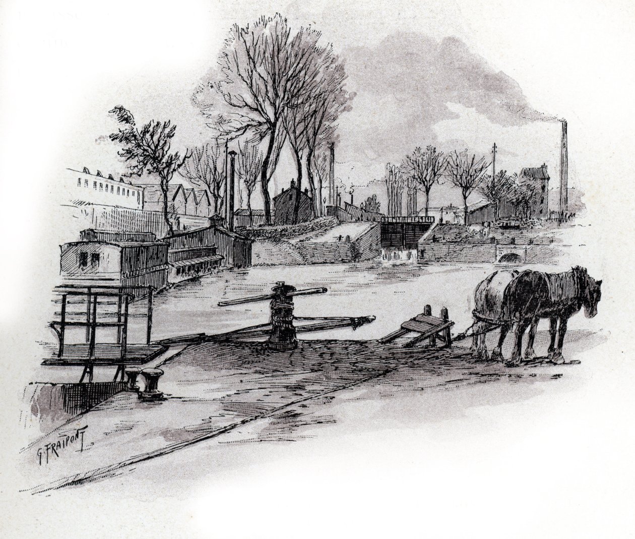 Vista del canal Saint-Denis y del muelle de la Gironde en la Villette, París (View of the canal saint Denis and quai de la Gironde in the Villette district, paris) Dibujo de Gustave Fraipont (1849-1923) de Saint-Juirs de Gustave Fraipont