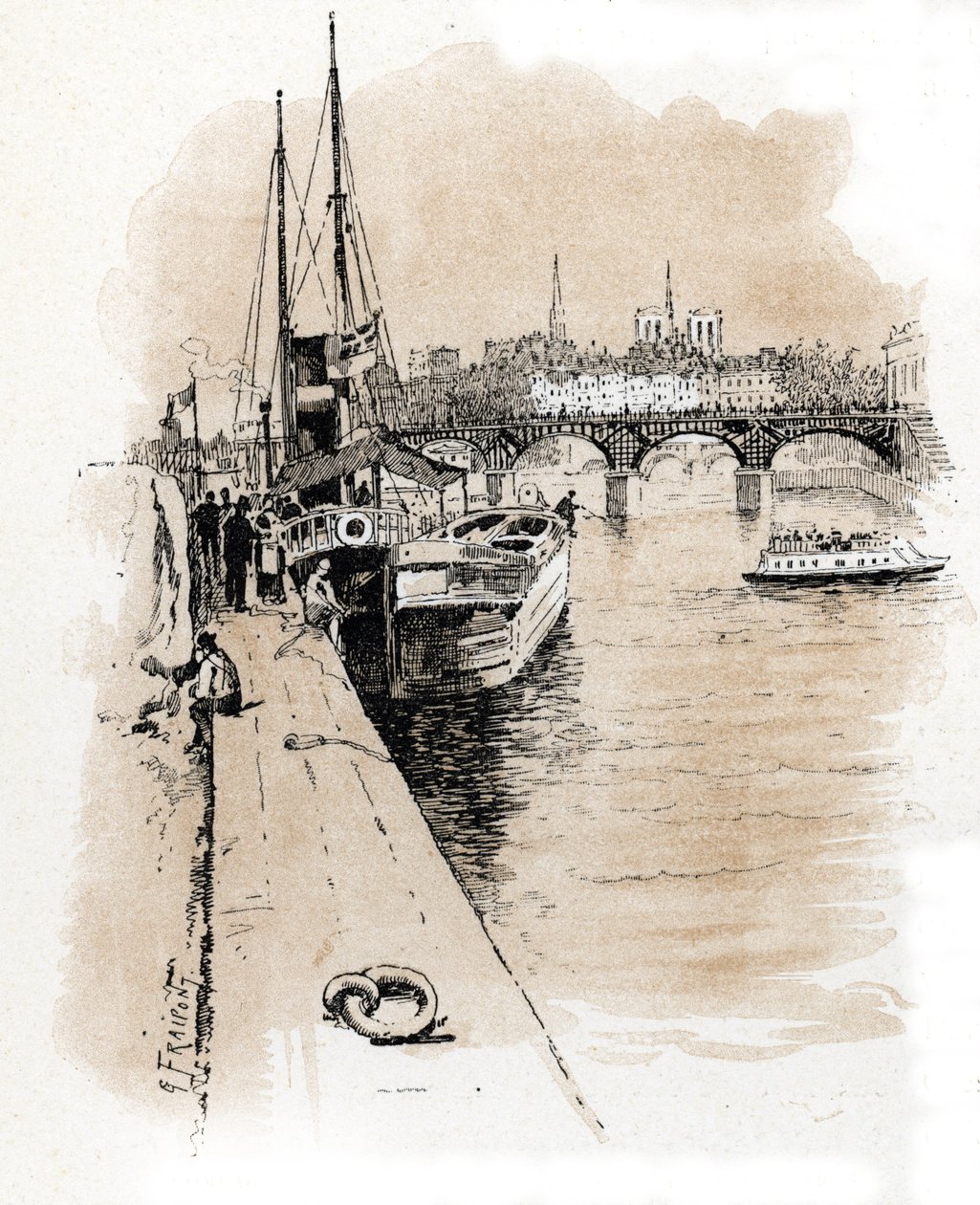Vista de la compañía Seine et Thames cuyos barcos unen París y Londres Dibujo de Gustave Fraipont (1849-1923) extraído de "La seine a travers Paris" de Saint-Juirs de Gustave Fraipont