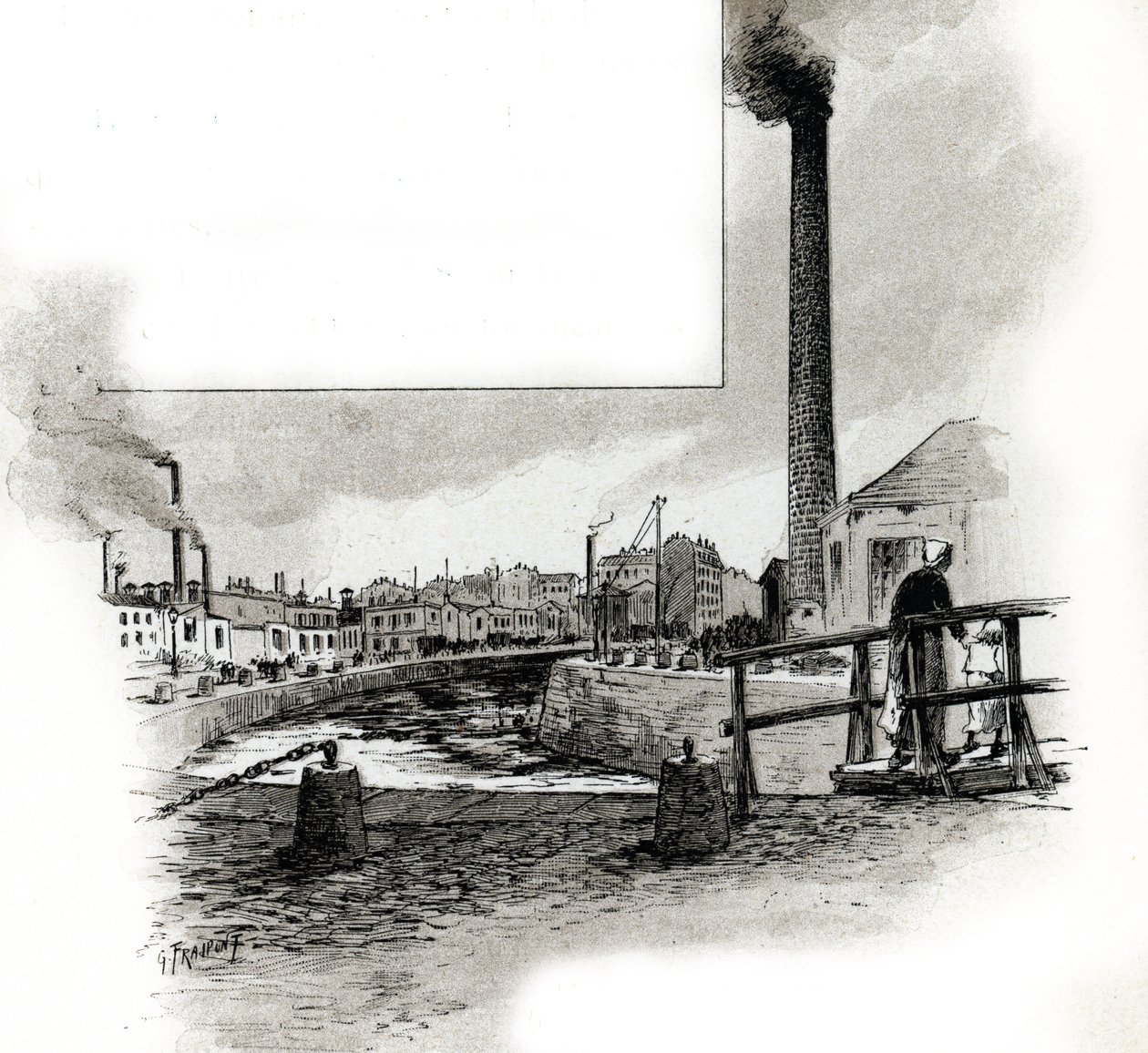 Vista del cauce seco del canal Saint-Martin durante el periodo de limpieza Dibujo de Gustave Fraipont (1849-1923) extraído de "La seine a travers Paris" de Saint-Juirs de Gustave Fraipont