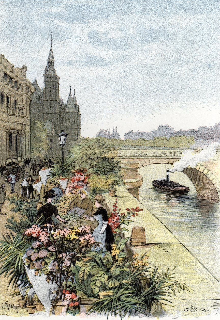 Vista del mercado de las flores, Ile de la Cite, París Dibujo de Gustave Fraipont (1849-1923) desde Saint-Juirs de Gustave Fraipont