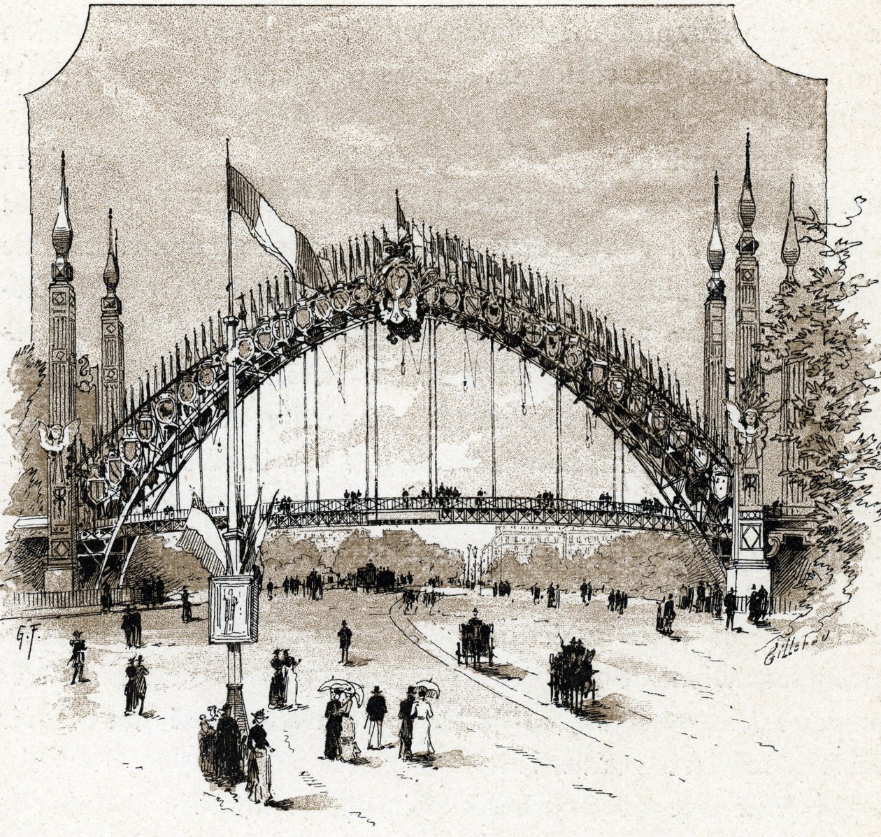 Vista de la pasarela del Puente del Alma durante la Exposición Universal de París de Gustave Fraipont