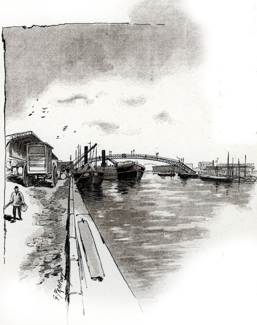 Vista de la pasarela del Canal de la Villette, París (Pasarela del Canal de la Villette, París) Dibujo de Gustave Fraipont (1849-1923) extraído de "La seine a travers Paris" de Saint-Juirs de Gustave Fraipont