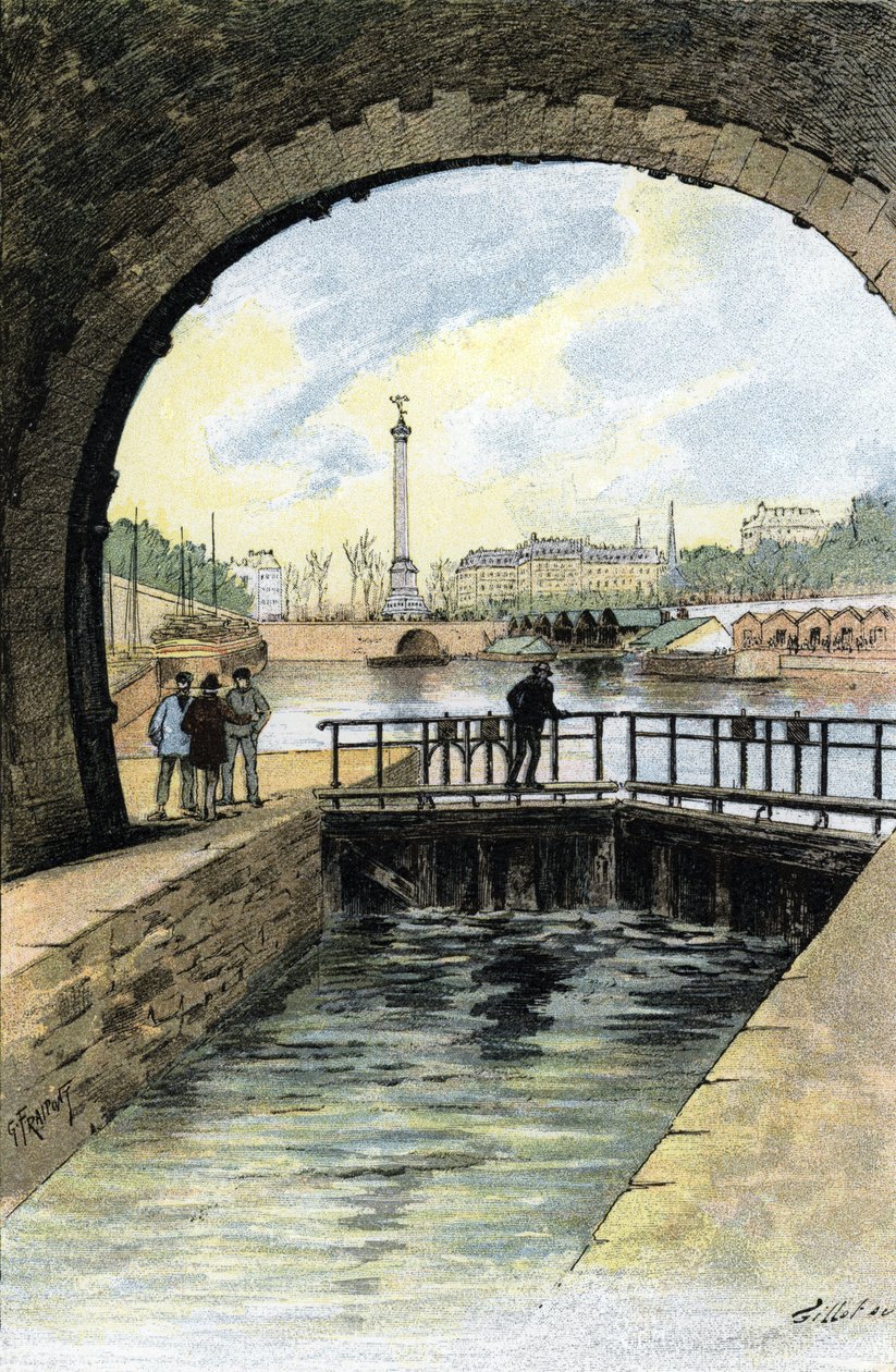 Vista de la esclusa del Canal Saint Martin en París Dibujo de Gustave Fraipont (1849-1923) extraído de "La seine a travers Paris" de Saint-Juirs de Gustave Fraipont