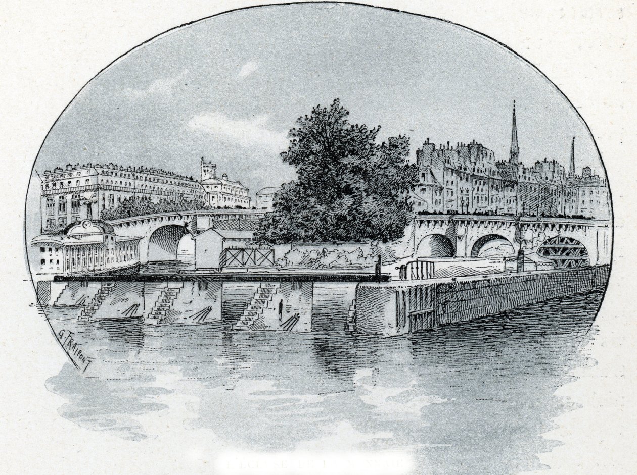 Vista de la esclusa de la Monnaie, delante del Hotel des Monnaie de París Dibujo de Gustave Fraipont (1849-1923) extraído de "La seine a travers Paris" de Saint-Juirs de Gustave Fraipont