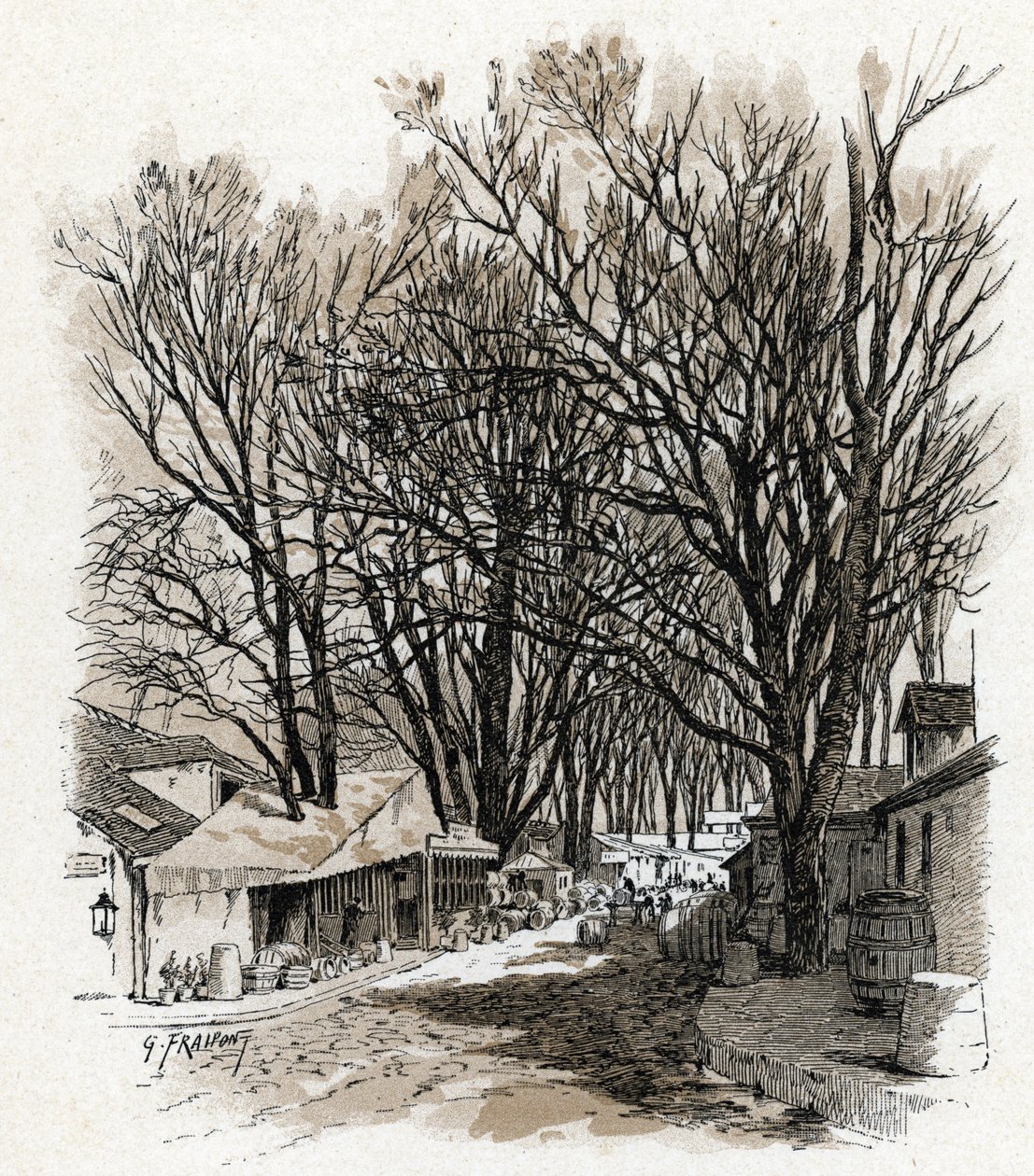 Vista del nuevo almacén de la rue Leopold, bercy París (Vista del almacén de la rue Leopold En bercy, París) Dibujo de Gustave Fraipont (1849-1923) extraído de "La seine a travers Paris" de Saint-Juirs de Gustave Fraipont