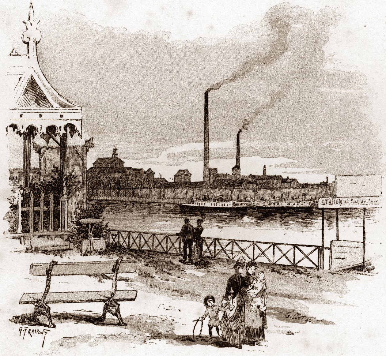 Vista del quai de Javel en París, actuel quai André-Citroen (Vista del quai André Citroen antiguamente quai de Javel, París) Dibujo de Gustave Fraipont (1849-1923) extraído de "La seine a travers Paris" de Saint-Juirs de Gustave Fraipont