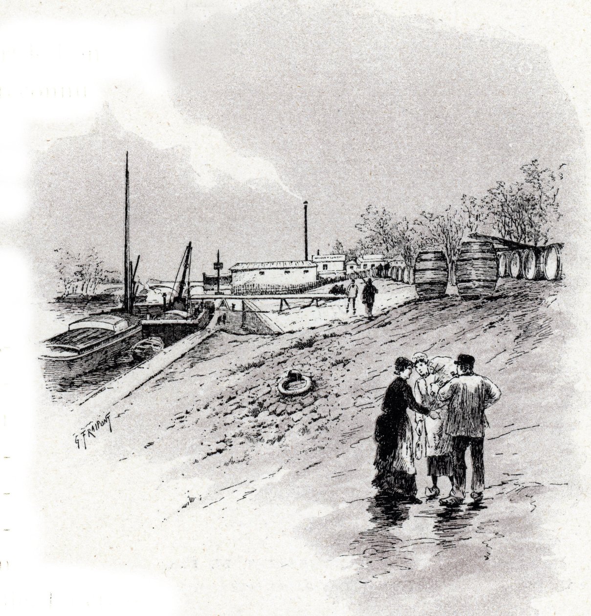 Vista de las orillas del Sena y del muelle Saint-Bernard, París Dibujo de Gustave Fraipont (1849-1923) extraído de "La seine a travers Paris" de Saint-Juirs de Gustave Fraipont