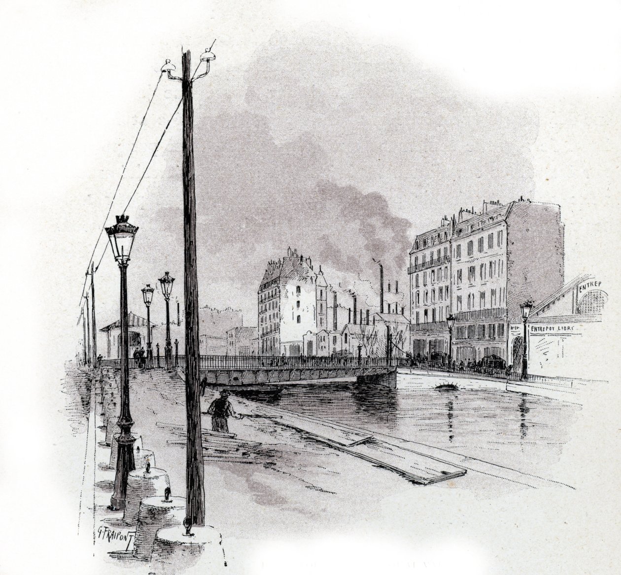 Vista del puente giratorio del quai de Valmy en el canal Saint Martin, París Dibujo de Gustave Fraipont (1849-1923) desde Saint-Juirs de Gustave Fraipont