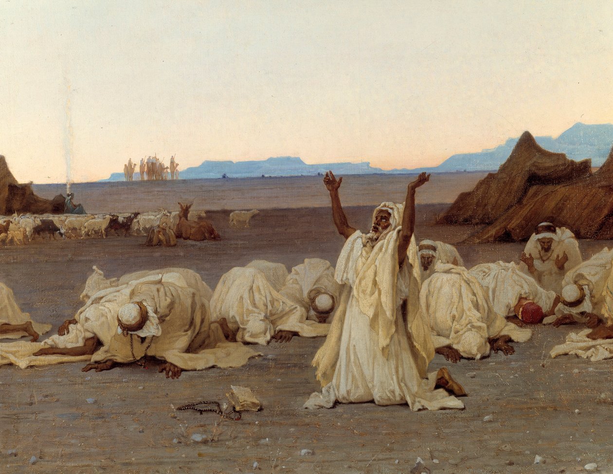 Oración vespertina en el desierto del Sahara (detalle del campamento tuareg) de Gustave Guillaumet