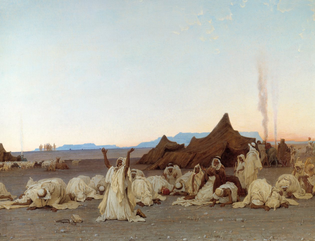 Oración vespertina en el desierto del Sahara (detalle del campamento tuareg) de Gustave Guillaumet