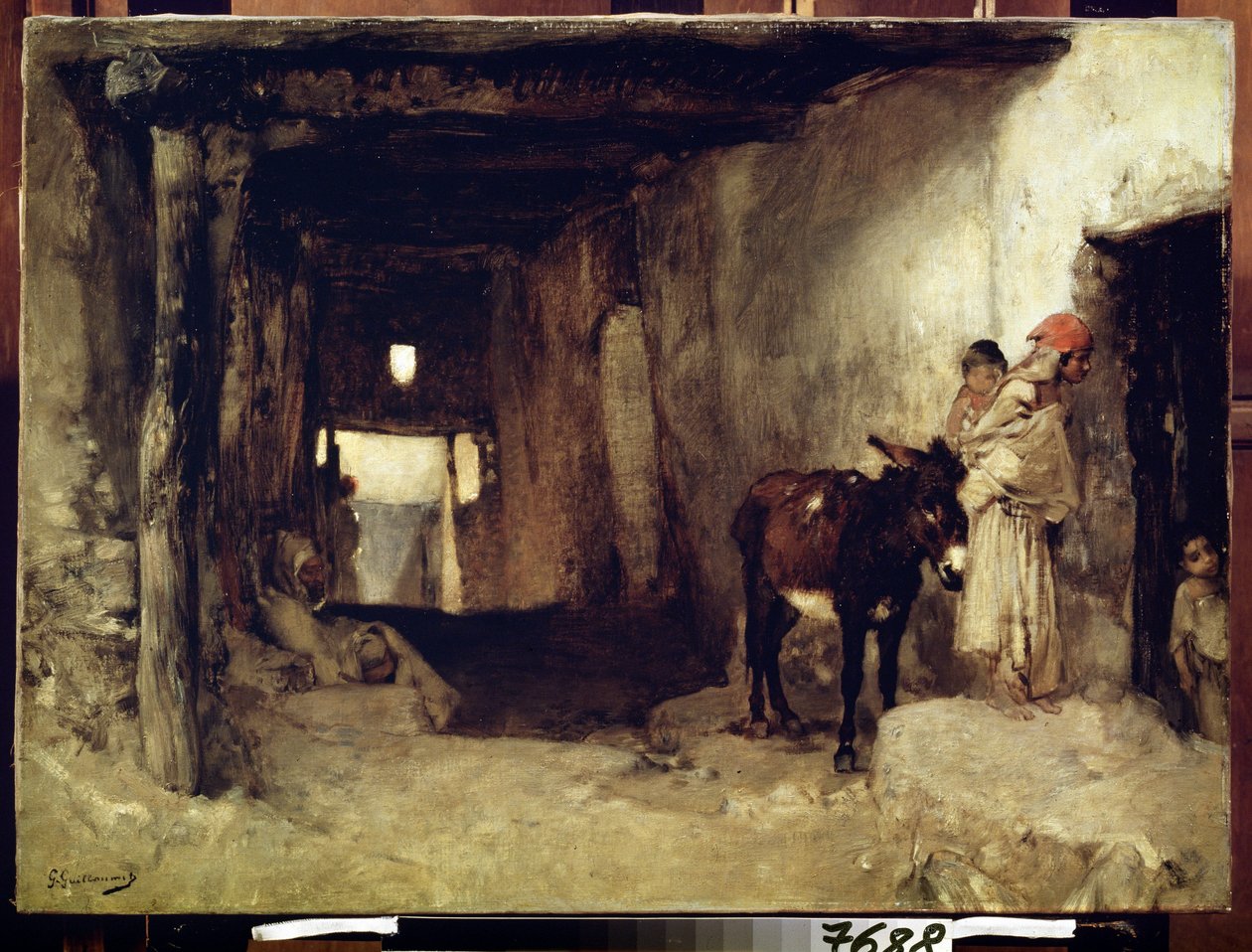 Orientalismo: ""A house in the Sahara"" (Una casa en el Sahara) Una mujer y su hijo acompañados de un burro. Pintura de Gustave Guillaumet (1840-1887) circa 1880 Museo Pushkin, Moscú de Gustave Guillaumet
