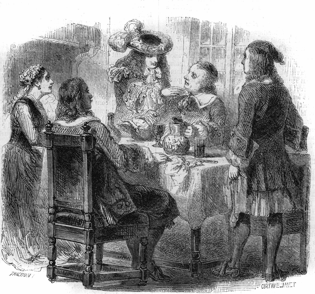 El zar ruso Pedro el Grande (1672-1725), hospedado en Francia con la familia Kalf, observa la discusión entre su anfitrión y un borracho, el Marqués de Bernardini. Grabado de Gustave Janet de Gustave Janet