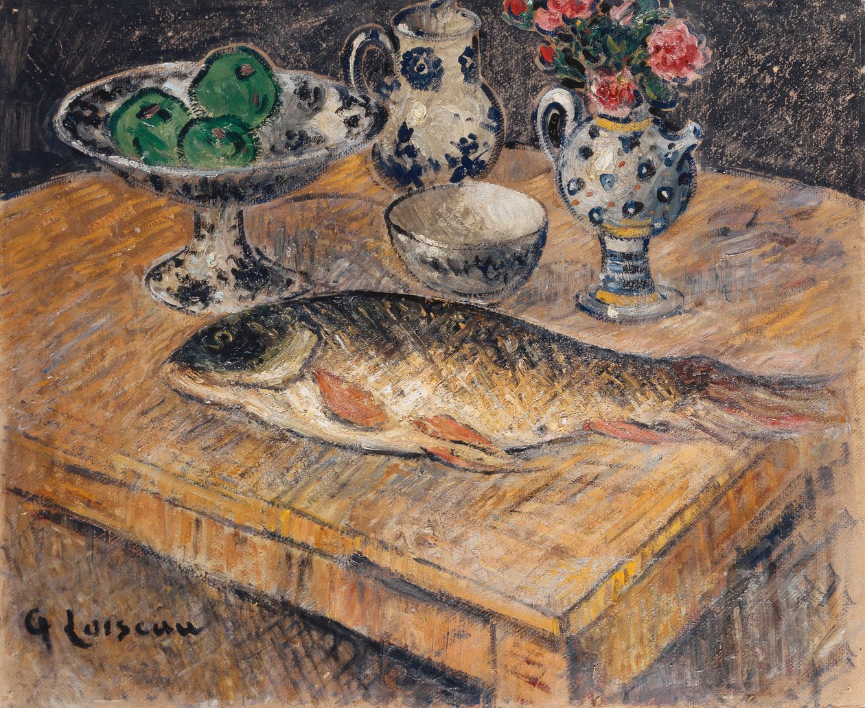 Naturaleza muerta con peces, flores y manzanas de Gustave Loiseau