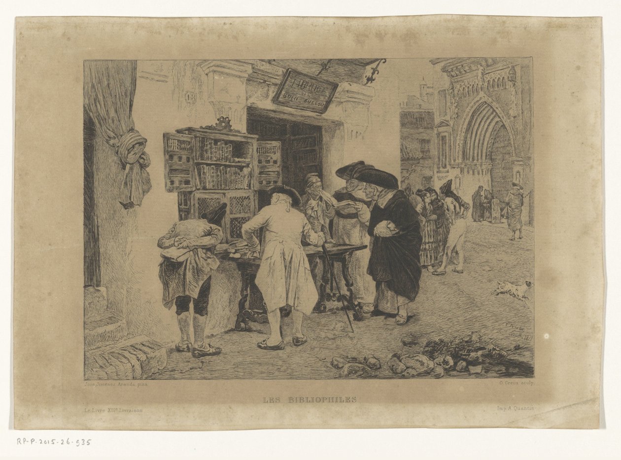 Hombres reunidos en torno a un expositor de un librero
Les Bibliophiles (título en el objeto) de Gustave Marie Greux