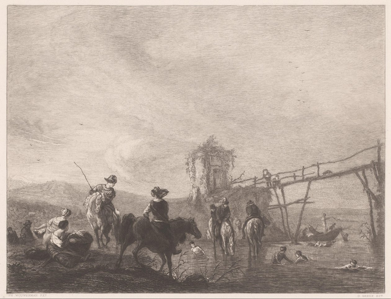 Descansando y nadando figuras en un banco Die pferdetränke (título sobre objeto) de Gustave Marie Greux