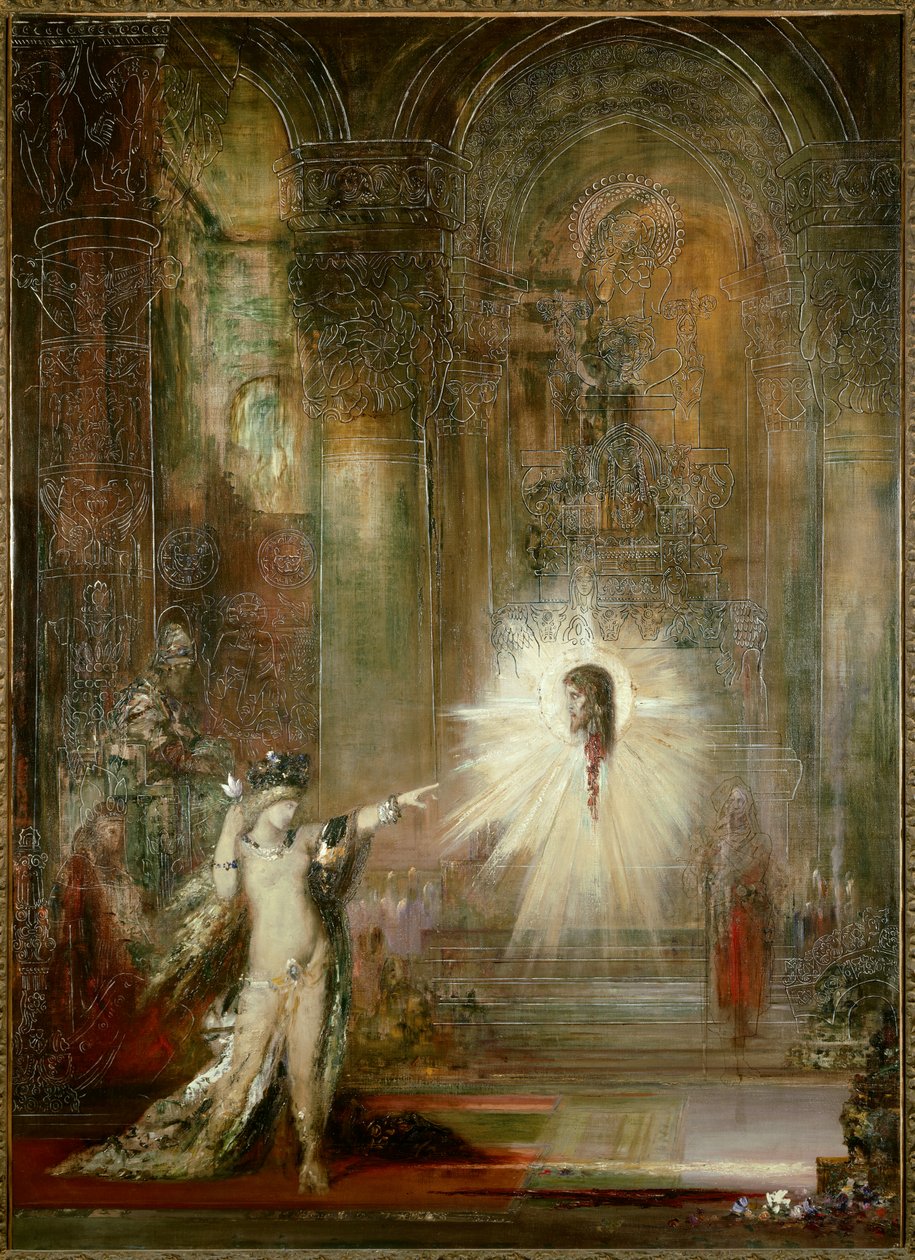 La aparición. Salomé, después de bailar en el salón del banquete de Herodes, pide la cabeza de San Juan Bautista. Ella señala con el dedo hacia la cabeza del profeta mientras Herodías está detrás de ella. Pintura de Gustave Moreau de Gustave Moreau