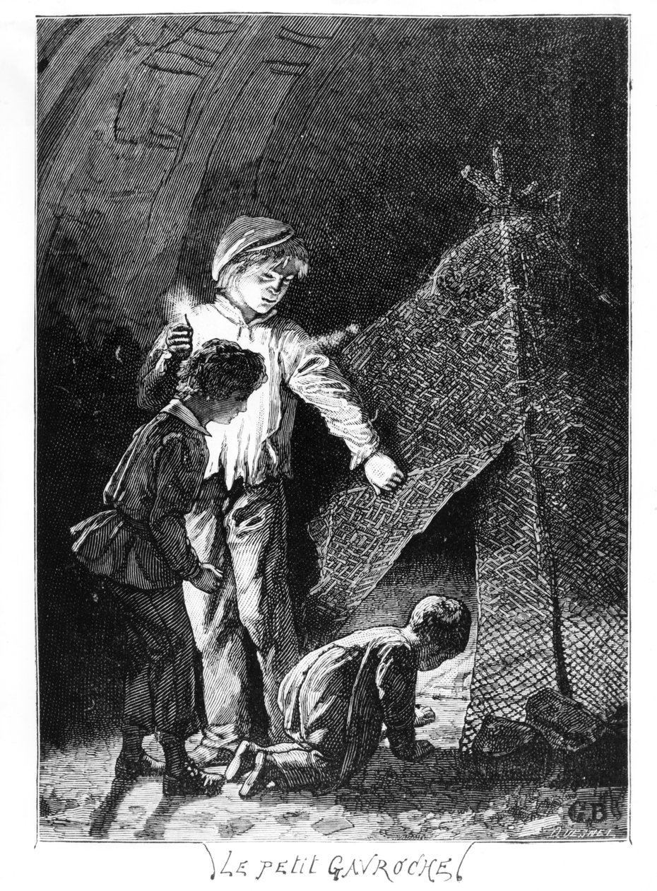 Gavroche y sus dos hermanos en el Elefante de la Bastilla, ilustración de Los Miserables (1845-62) de Victor Hugo (1802-85) de Gustave after Brion