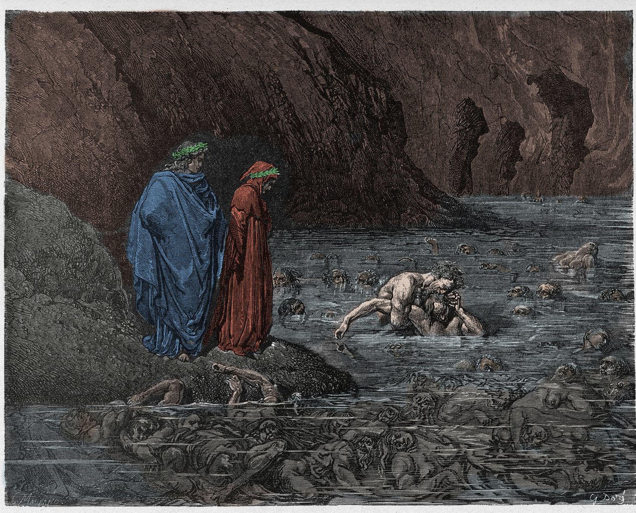 Infierno, Canto 32: Ugolino (Ugolin della Gherardesca) muerde la cabeza del arzobispo Ruggieri (Ruggeri Ubaldini), ilustración de La Divina Comedia de Dante Alighieri, 1885 de Gustave after Dore