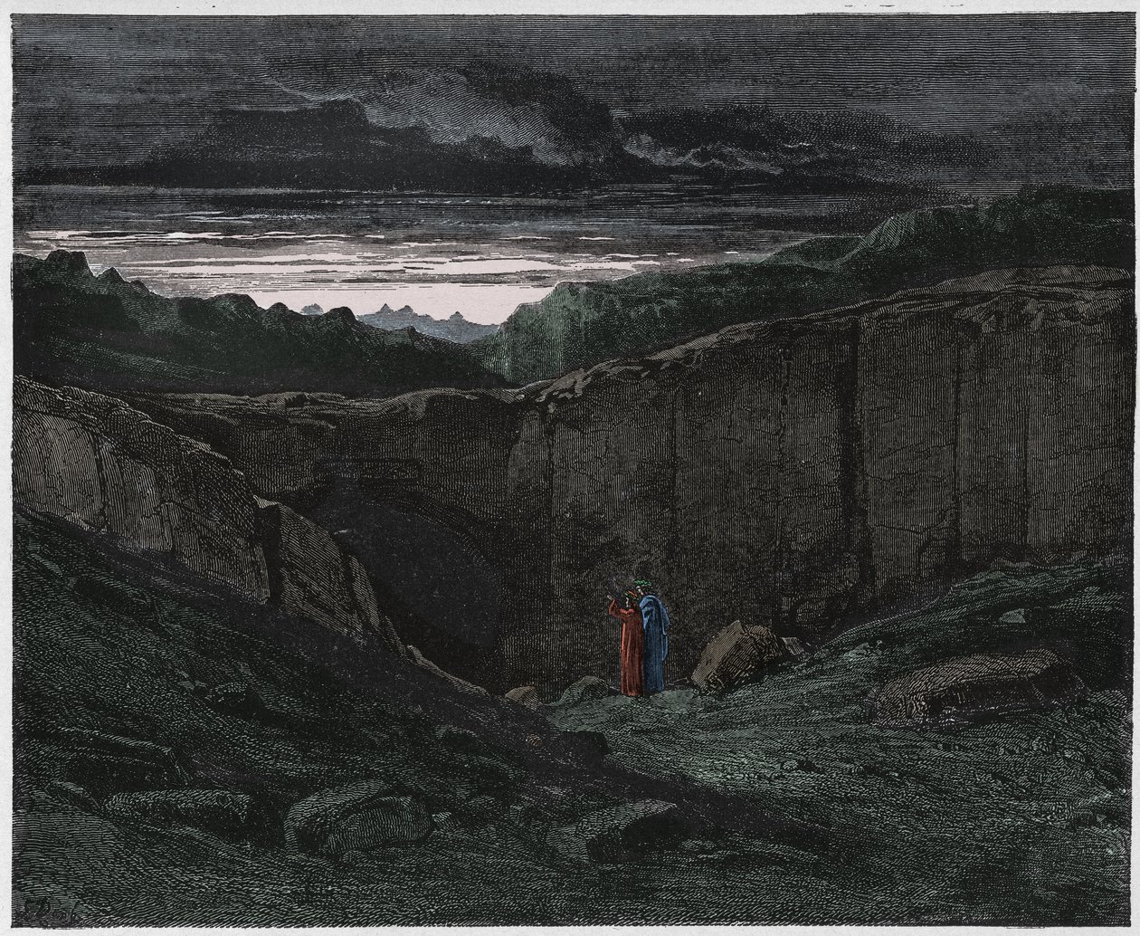 Inferno, Canto 3: Virgilio y Dante en las puertas del infierno, ilustración de La Divina Comedia de Dante Alighieri, 1885 de Gustave after Dore