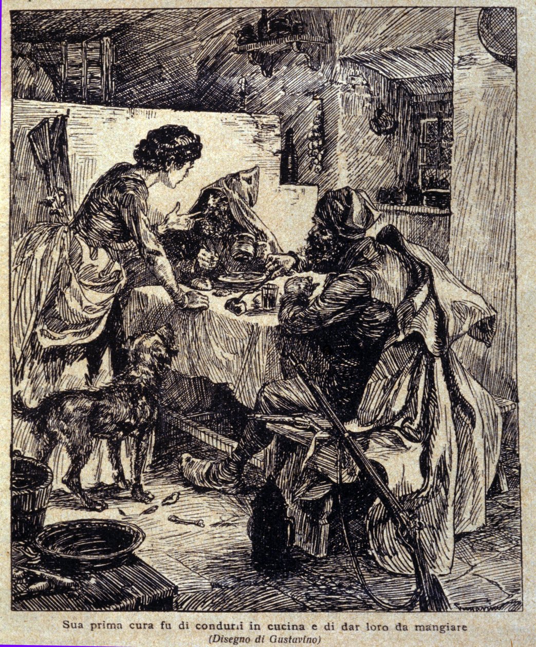 Su primera preocupación era llevarlos a la cocina y alimentarlos... Ilustración de la nueva "Colomba" escrita por Prosper Merimee. Grabado de Gustavino (Gustavo Rosso) (1881-1950), hacia 1915 de Gustavo Gustavino Rosso